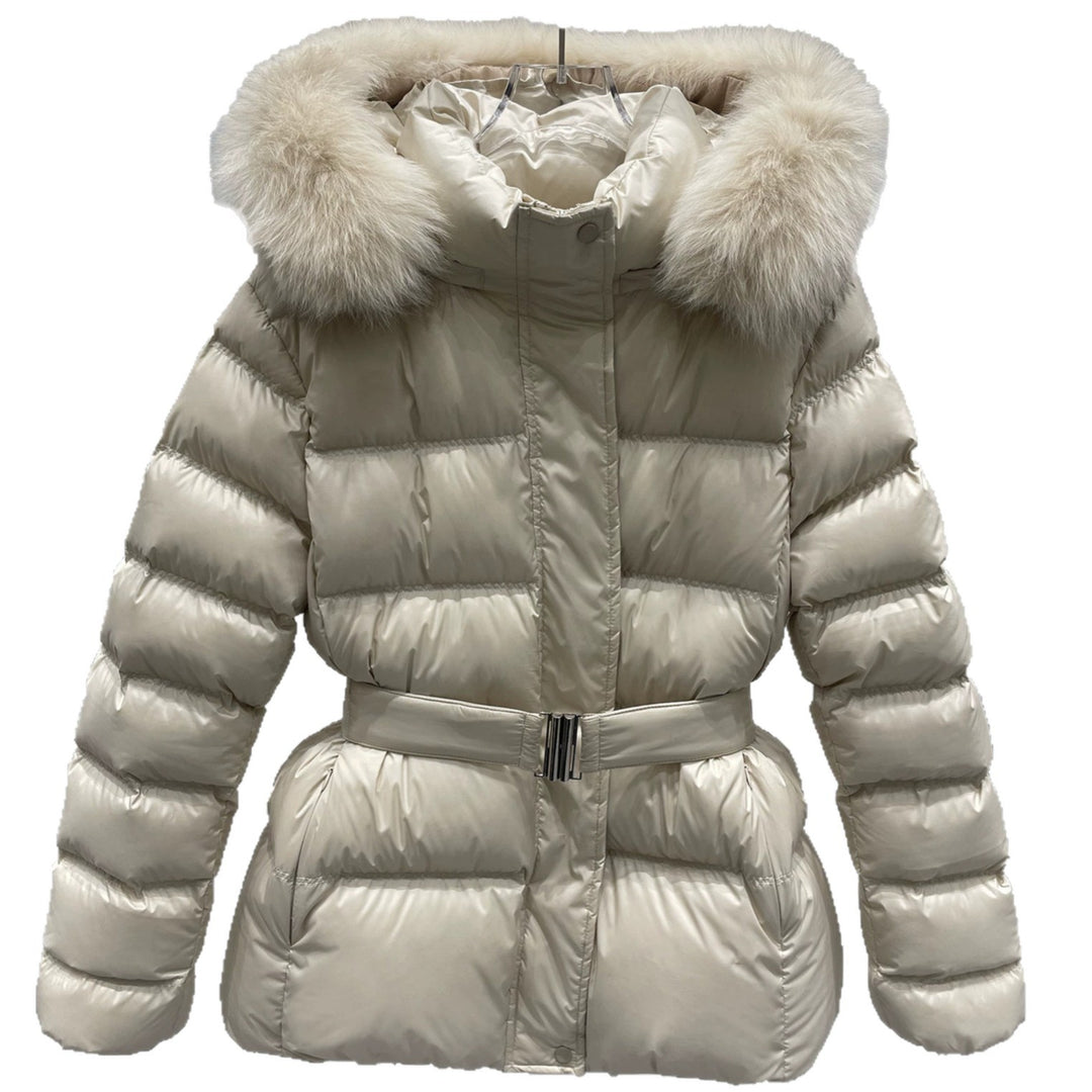 Damen Taillierte Stepp-Pufferjacke mit Gürtel, hohem Kragen und abnehmbarem Fellbesatz Echo Archiv