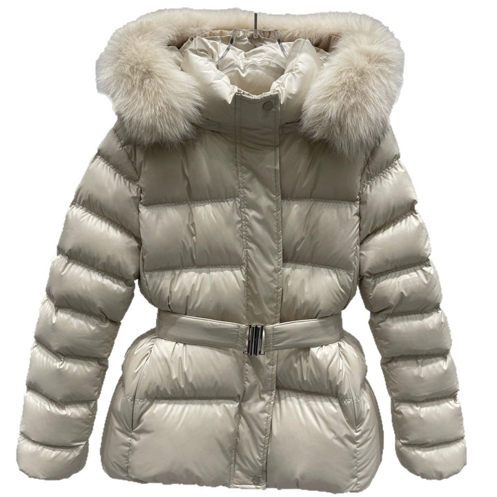 Damen Taillierte Stepp-Pufferjacke mit Gürtel, hohem Kragen und abnehmbarem Fellbesatz Echo Archiv
