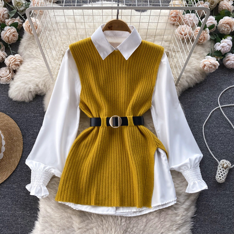 Damen Lagenlook-Bluse mit Rippstrick-Überwurf und Taillengürtel – Élovi