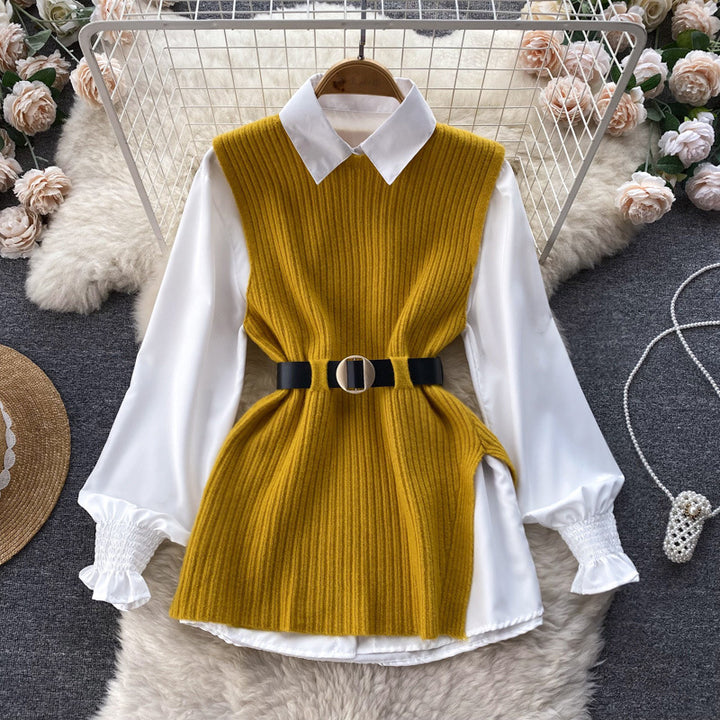 Damen Lagenlook-Bluse mit Rippstrick-Überwurf und Taillengürtel – Élovi