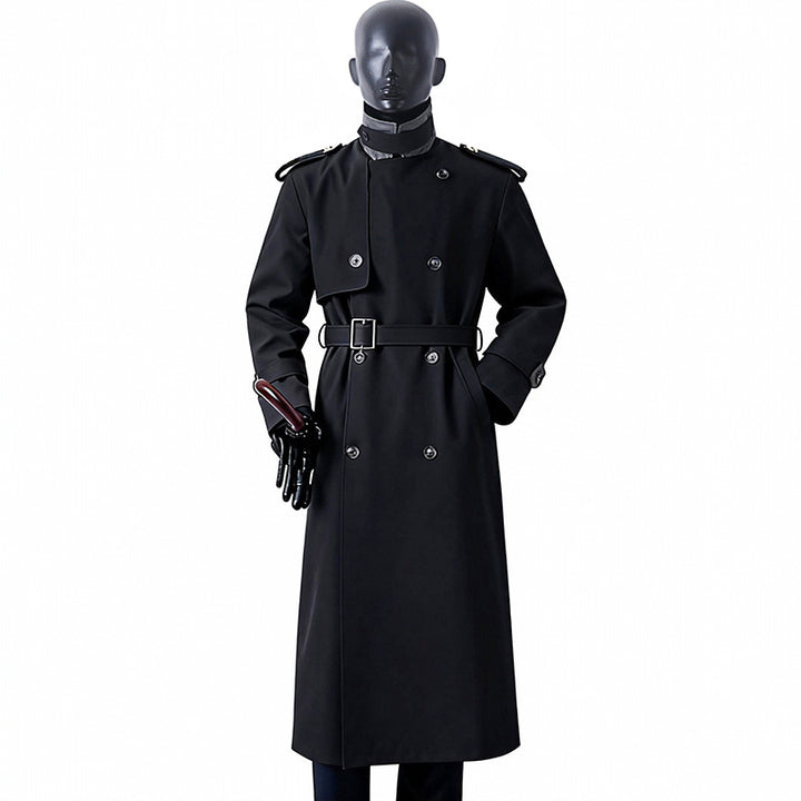 Herren Zeitloser Maxilanger Trenchcoat im Military-Stil mit Sturmklappe und Taillengürtel Echoarchiv