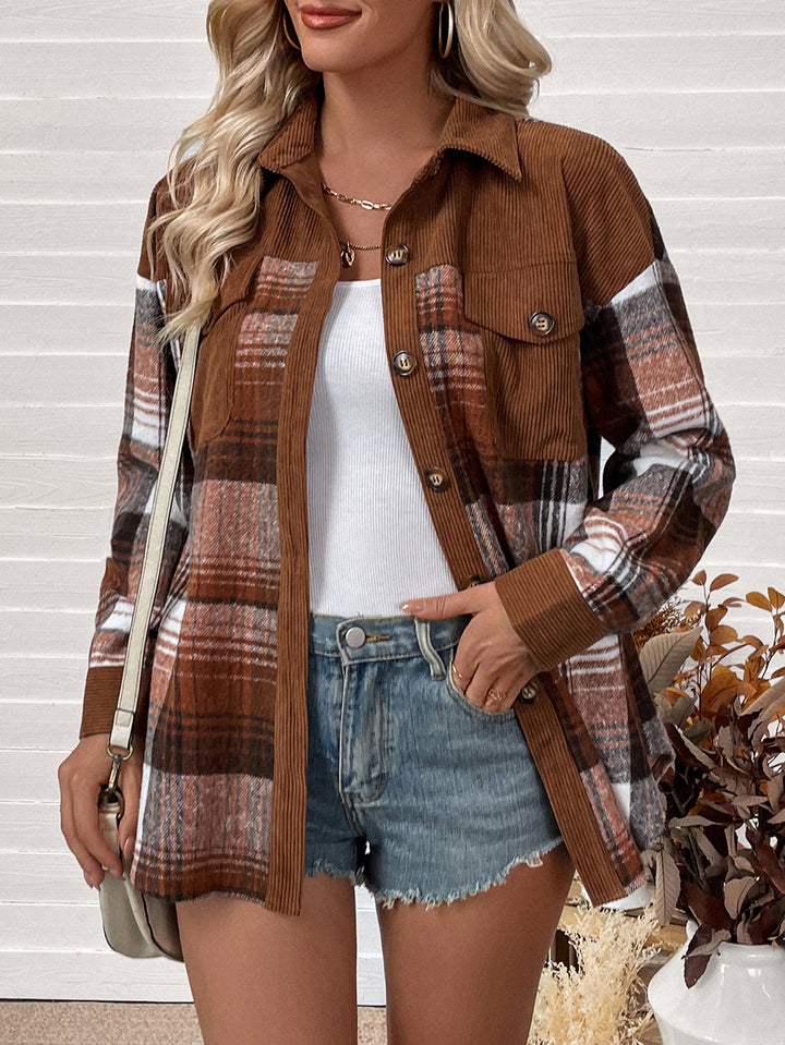 Damen Karierte Hemdjacke mit Cordbesatz und Oversize-Schnitt – Avérine