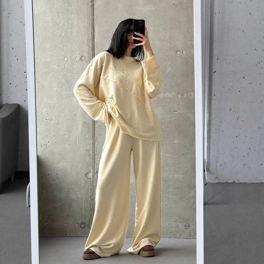 Damen weiches Oversize Lounge-Set mit diagonalem Ziernähten und extra weiter Palazzo-Hose – Élanora