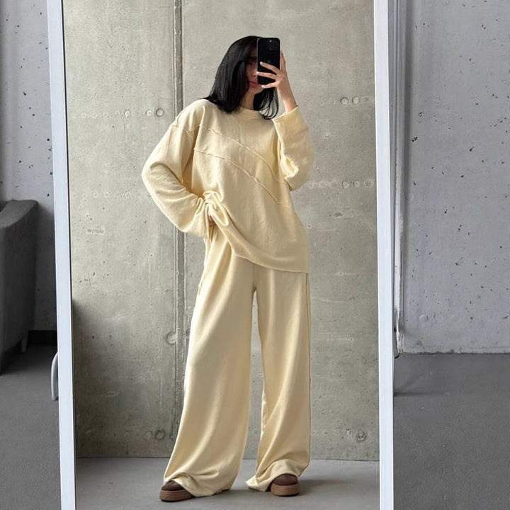 Damen weiches Oversize Lounge-Set mit diagonalem Ziernähten und extra weiter Palazzo-Hose – Élanora