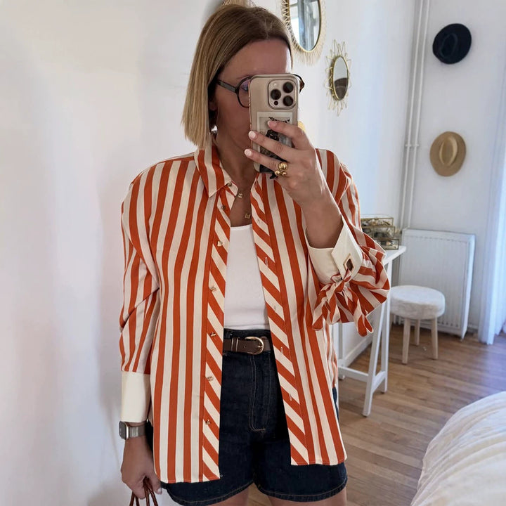 Damen Gestreifte Oversize-Hemdbluse mit Bindebändern an Ärmeln und verdeckter Knopfleiste Echoarchiv