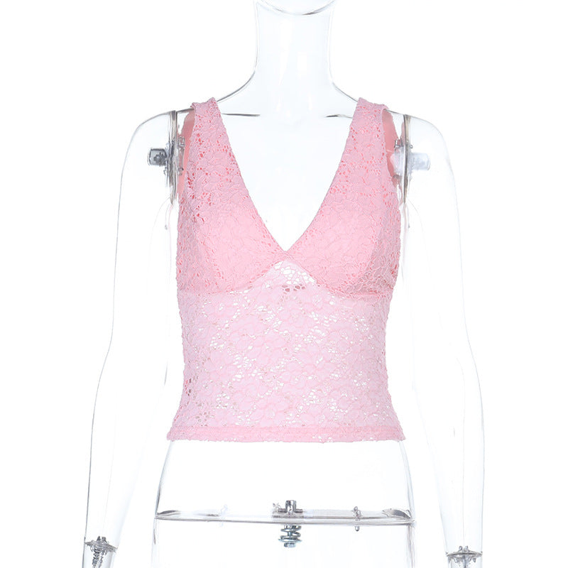 Damen Spitzen-Crop-Top mit tiefem V-Ausschnitt und Rüschendesign Echo Archiv