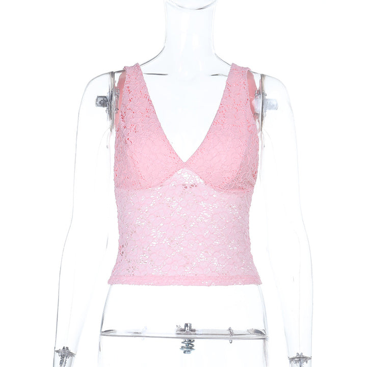 Damen Spitzen-Crop-Top mit tiefem V-Ausschnitt und Rüschendesign Echo Archiv