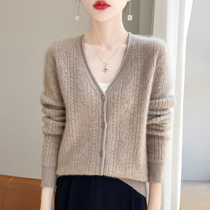 Damen Kurzer Zopfmuster-Cardigan im Mohair-Look mit V‑Ausschnitt und gerippten Bündchen Echoarchiv
