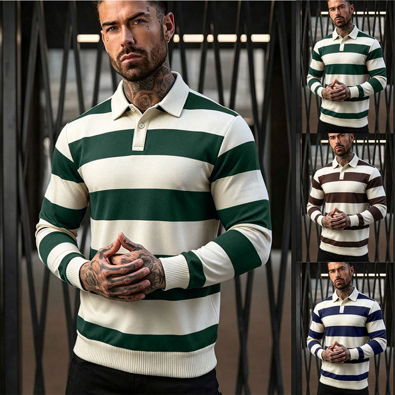 Herren gestreifter Rugby-Polo-Pullover mit Knopfleiste und Rippbündchen Echoarchiv