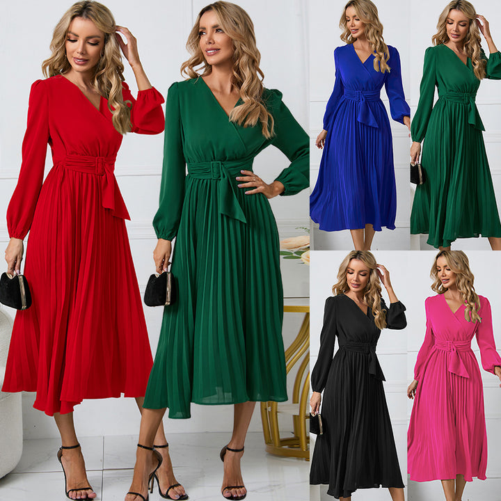 Damen Plissiertes Wickel‑Midikleid mit Taillengürtel und V‑Ausschnitt Echo Archiv