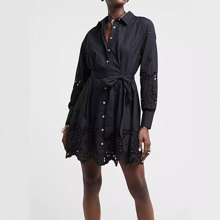 Damen Hemdblusenkleid mit Lochstickerei und Taillengürtel – Avérine