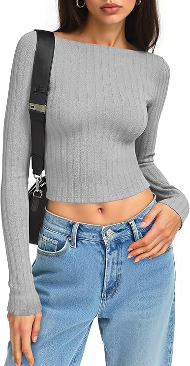 Damen Tailliertes Ripp-Cropped-Longsleeve mit U-Boot-Ausschnitt und Stretch-Baumwollmix Echo Archiv