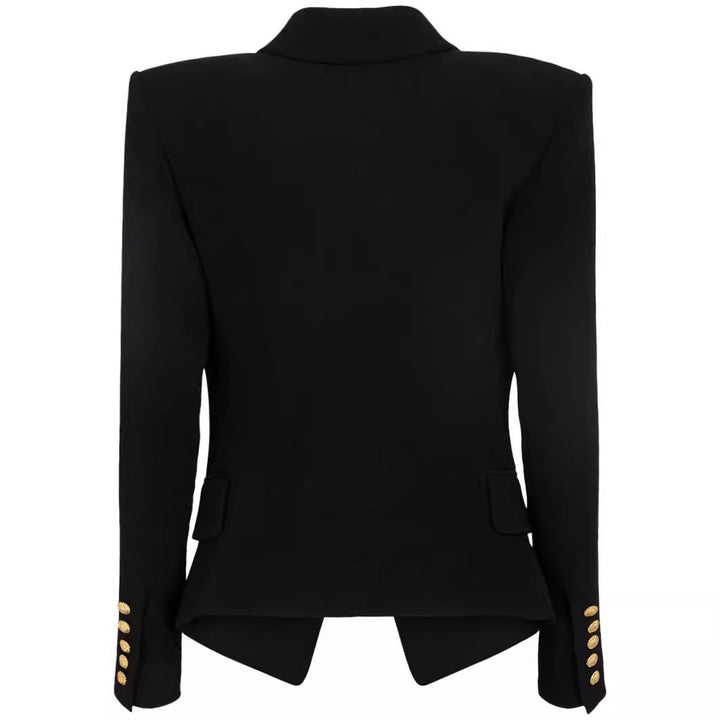 Damen Figurnaher Smokingblazer im Tailoring mit betonter Schulter und goldener Zierknopfleiste Echoarchiv