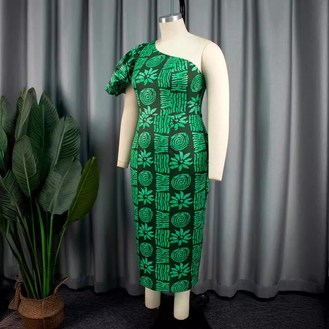 Damen körpernahe Midi-Kleid mit asymmetrischem Schnitt und voluminösen Puffärmeln Echo Archiv