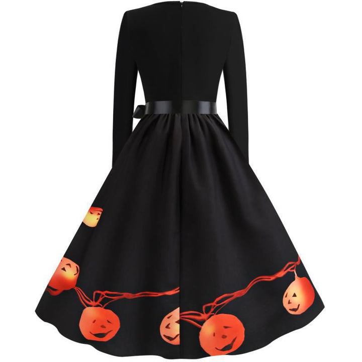 Damen Schwingendes Kleid mit Halloween-Kürbismotiv, Langarm und Taillenschleife – Élara