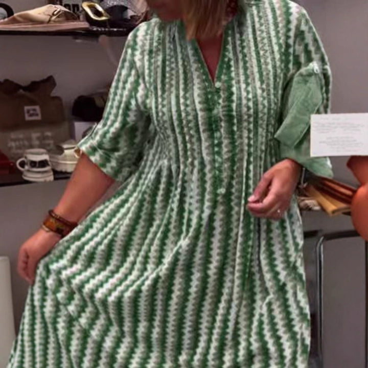 Damen nan Midikleid mit Unterbrustnaht, V-Ausschnitt, Knopfleiste und krempelbaren dreiviertelärmeln Echo Archiv