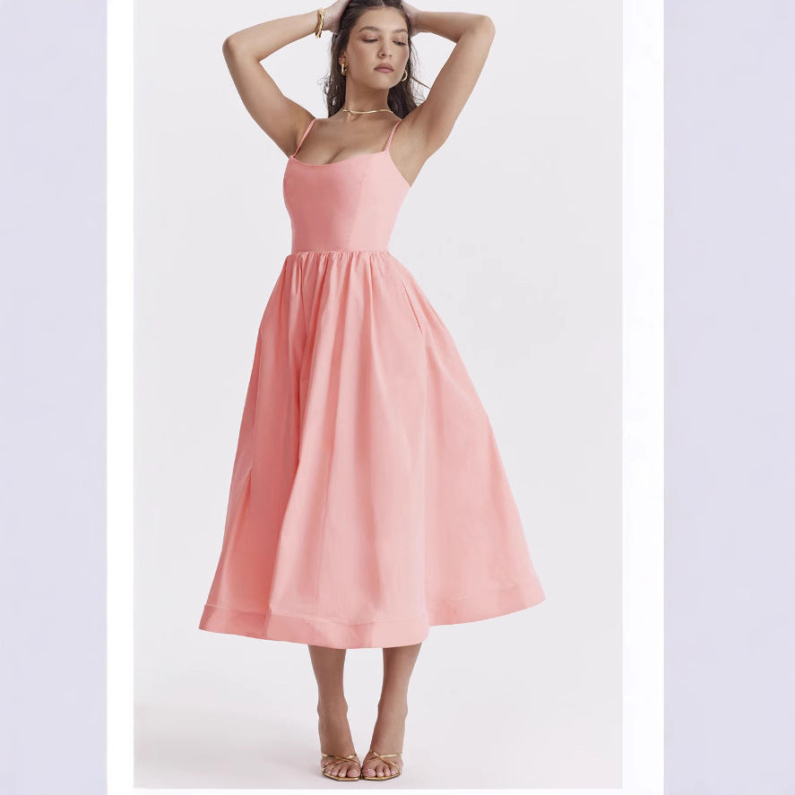 Damen elegantes Midikleid mit Spaghetti-Trägern und fließendem Rock Echo Archiv