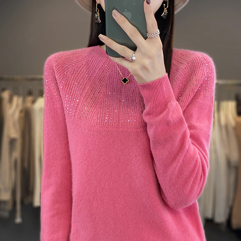 Damen Weicher Kaschmir‑Optik Feinstrickpullover mit Ajour‑Yoke und Paillettenbesatz Echoarchiv