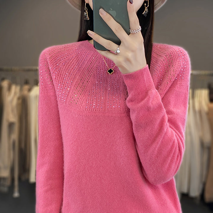 Damen Weicher Kaschmir‑Optik Feinstrickpullover mit Ajour‑Yoke und Paillettenbesatz Echoarchiv