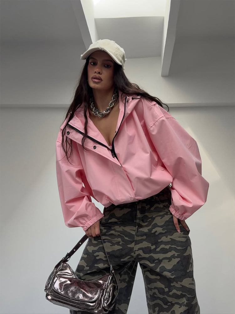 Damen Oversize Windbreaker Jacke mit Kapuze und kurzem Cropped‑Schnitt Echoarchiv