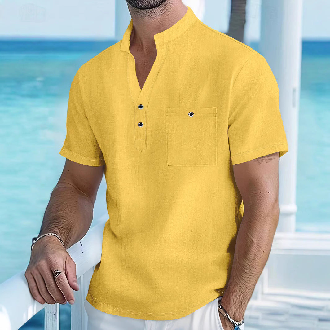 Herren Kurzarm-Hemd mit modischem Henley-Ausschnitt und Brusttasche Echoarchiv