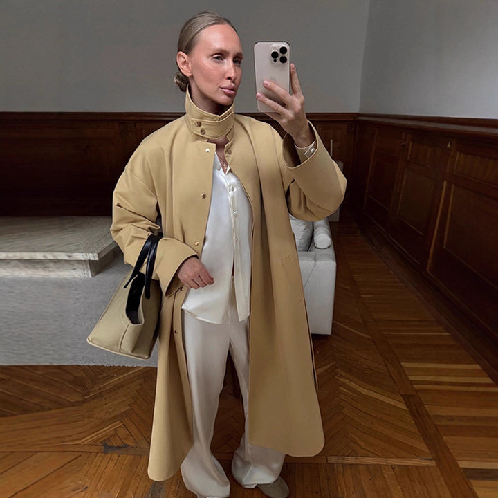 Damen Maxilanger Oversize-Trenchcoat mit Stehkragen und verdeckter Druckknopfleiste Echoarchiv
