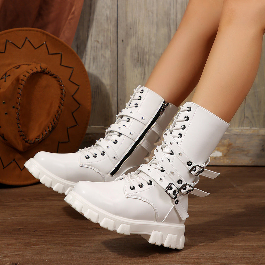 Damen Modische Schnürstiefeletten mit verstellbaren Riemen und robuster Sohle Echoarchiv