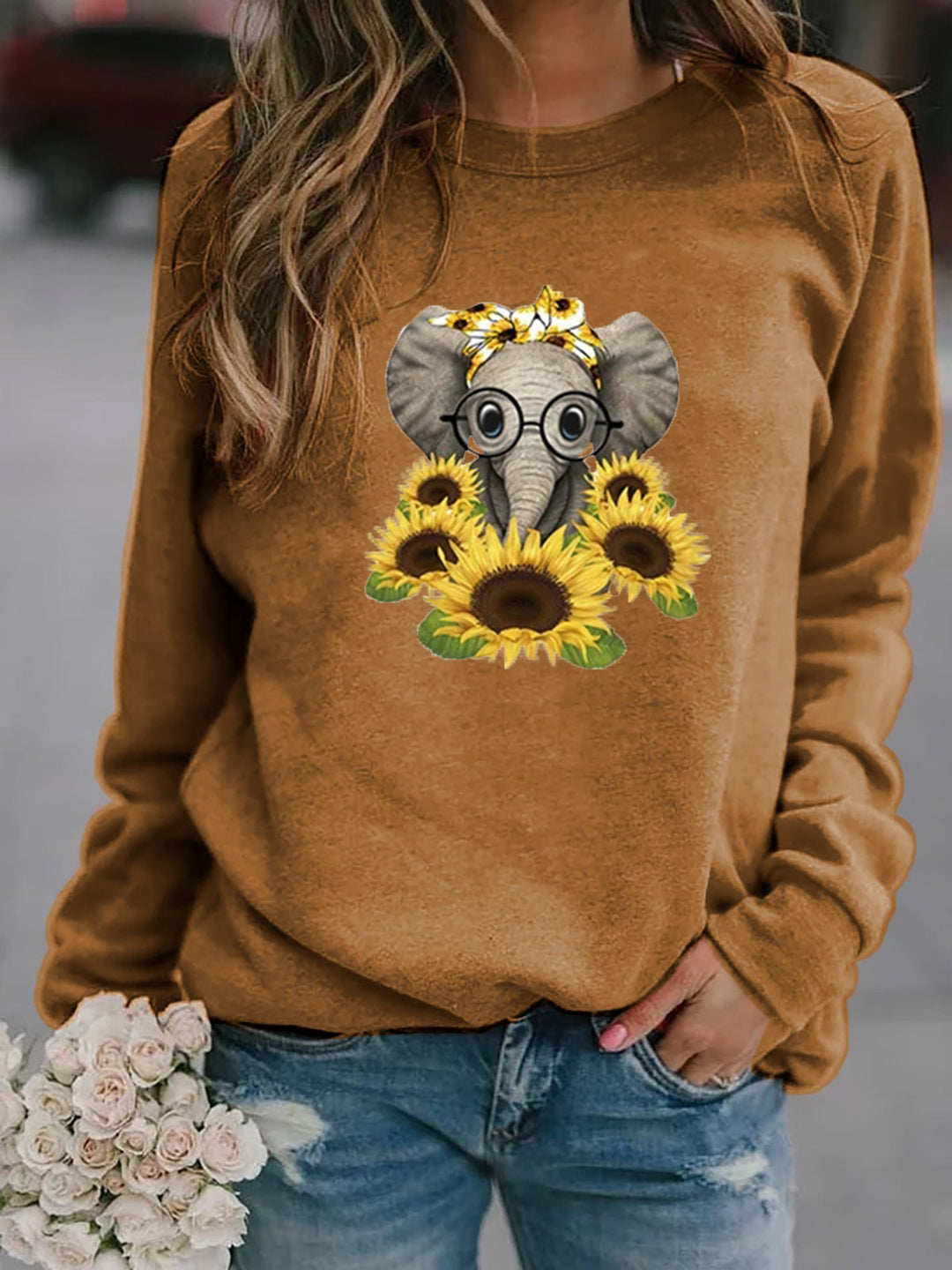 Damen-Sweatshirt mit Elefantenprint, Sonnenblumenmotiv und weichem Fleece – Mavelle