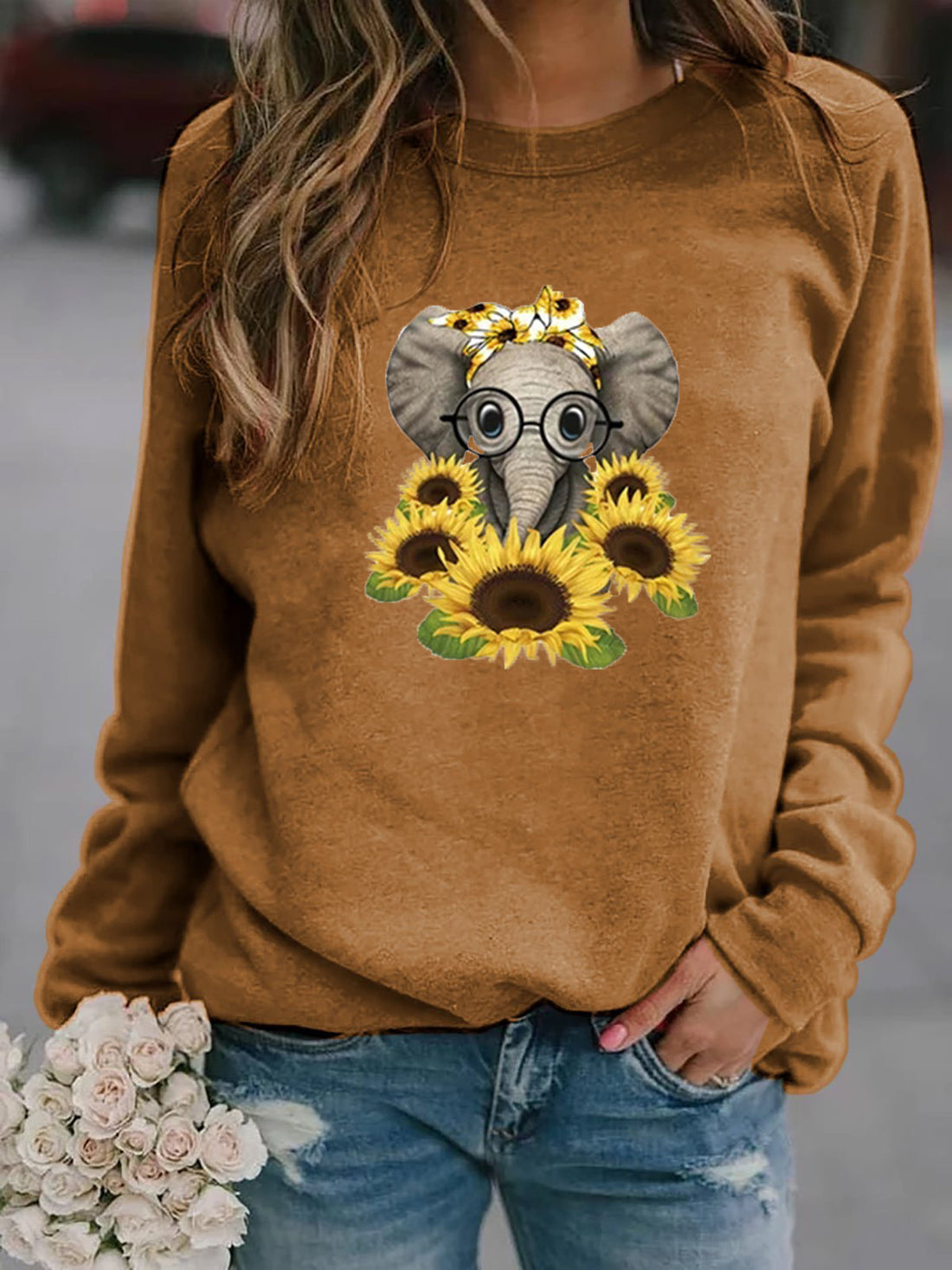Damen-Sweatshirt mit Elefantenprint, Sonnenblumenmotiv und weichem Fleece – Mavelle