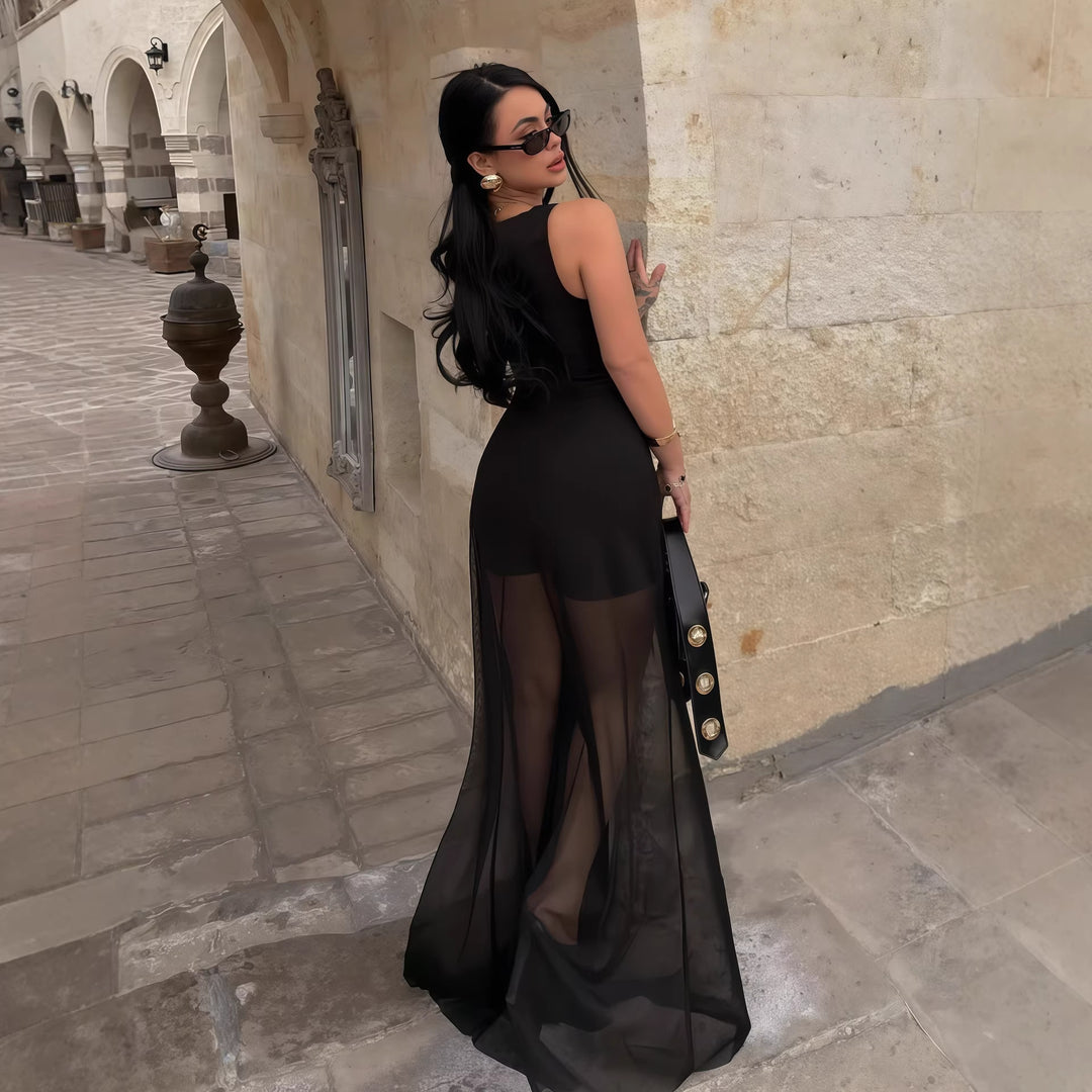 Damen Elegantes Maxi-Kleid mit transparentem Chiffon-Überwurf und figurbetontem Inneren Echo Archiv