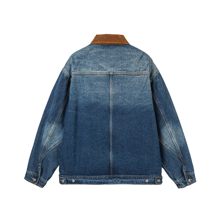 Damen Oversize-Denimjacke mit Velourslederkragen, verdecktem Reißverschluss und markanten Einstecktaschen Echoarchiv