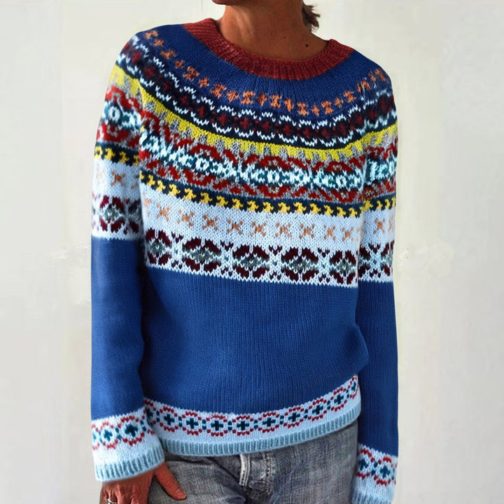 Damen nan melierter Rundhalsausschnittpullover mit kreisförmigem Jacquard-Yoke und geripptem Saum Echo Archiv