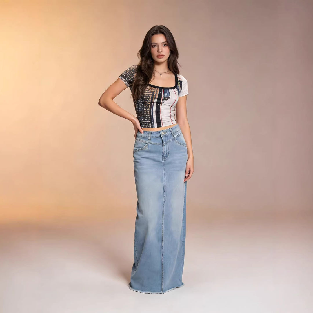 Damen nan langer High-Waist Denim-Maxirock mit gerader Silhouette und rohem Saum Echo Archiv