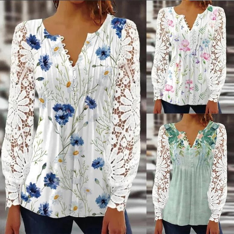 Damen Floral Viskosemischung Bluse mit Häkelärmel und V-Ausschnitt – Élovi