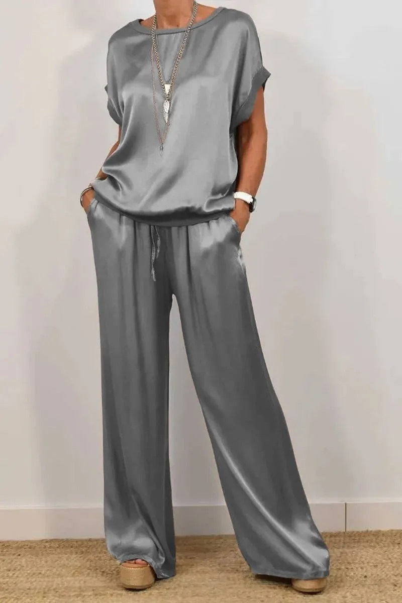 Damen Elegantes Satin Lounge-Set mit weitem Schnitt und lässigem Oberteil Echoarchiv