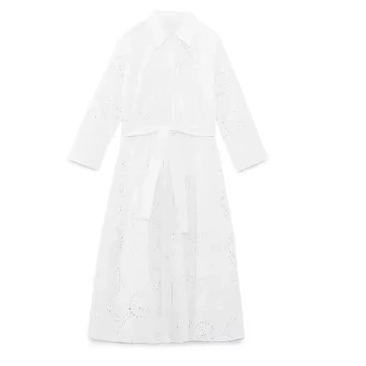 Damen langes Hemdkleid mit Lochstickerei, Hemdkragen und Bindegürtel – Valéora