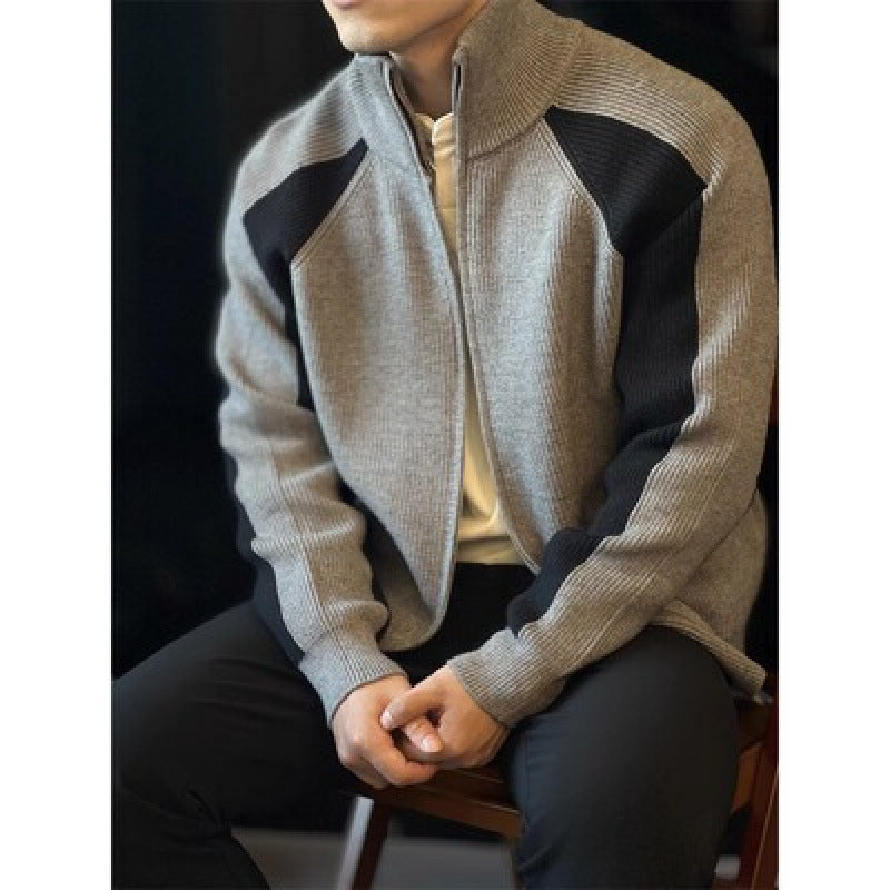 Herren Strick-Zipjacke mit Kontrastpanele, Stehkragen und markanter Rippenstruktur Echoarchiv