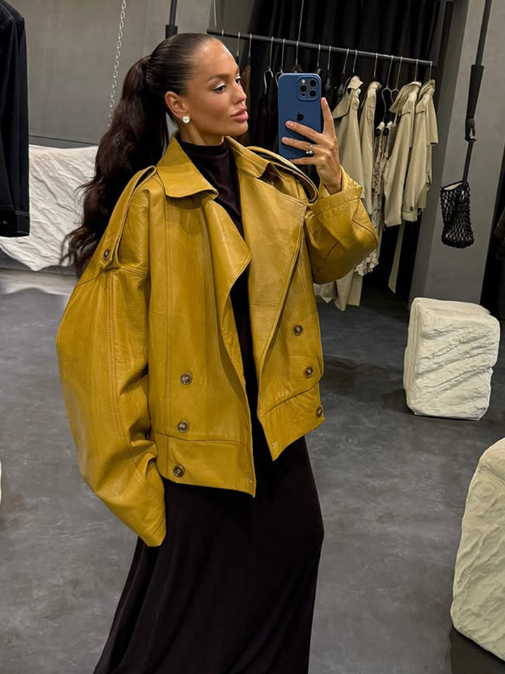 Damen Oversize Lederjacke mit voluminösen Ballonärmeln und kurzer Boxy-Silhouette Echoarchiv