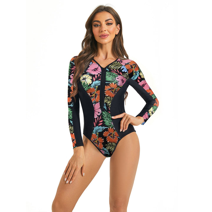 Damen Sportlicher Langarm Badeanzug mit floralem Grafikdesign Echo Archiv