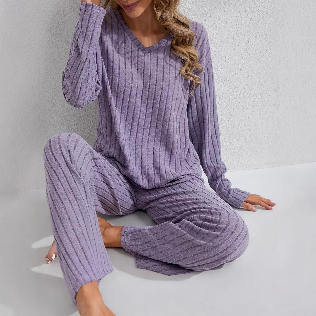 Damen Zweiteiliges geripptes Lounge-Set mit V-Ausschnitt und weitem Bein Echo Archiv