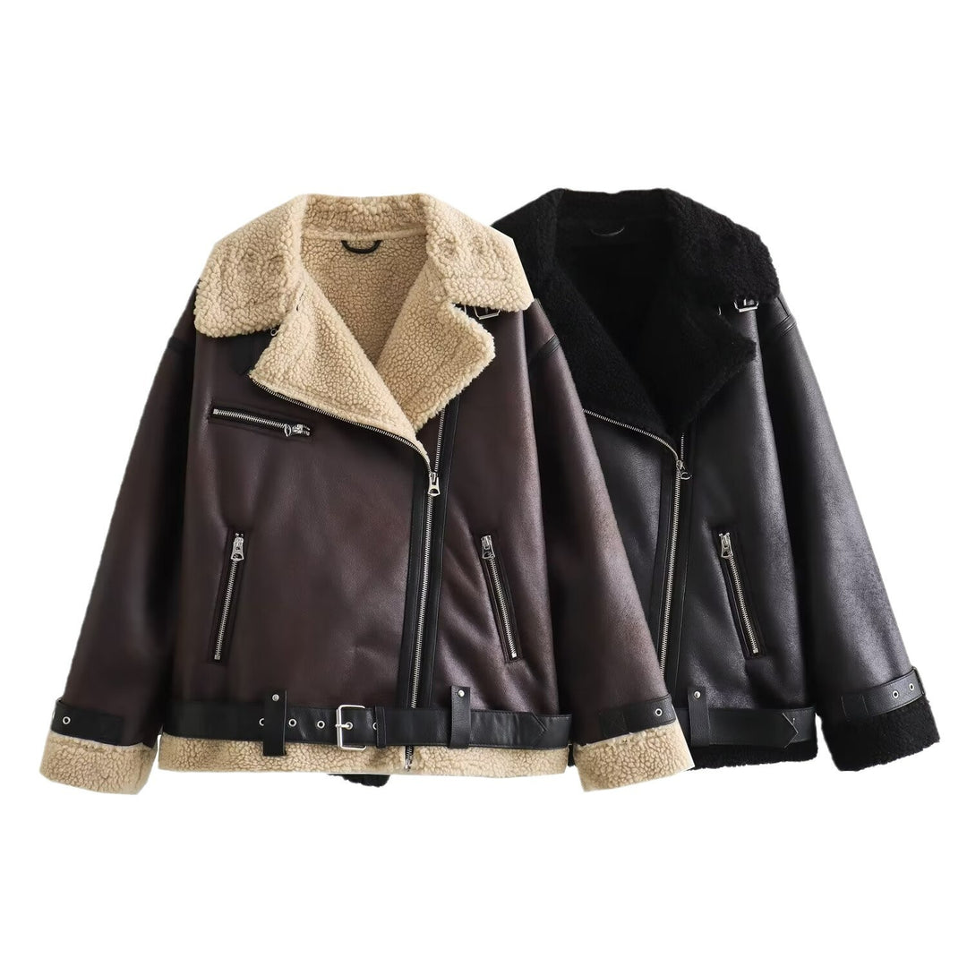 Damen Fliegerjacke im Bikerstil mit Teddyfutter, Kunstlederbesatz und Taillengürtel Echo Archiv