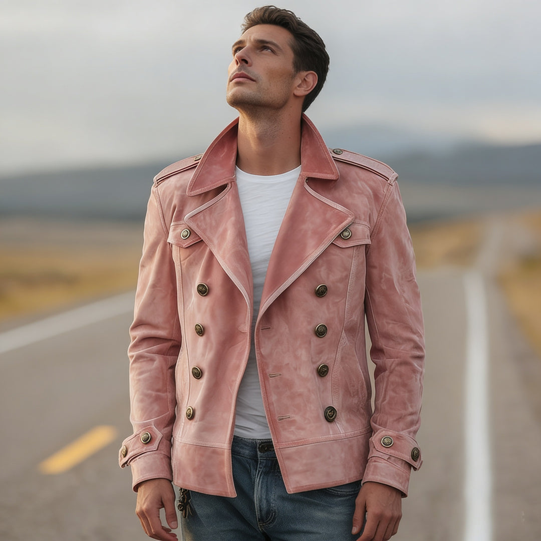 Herren nan doppeltreihige Vintage-Lederjacke mit Reverskragen und Schulterpatten Echo Archiv