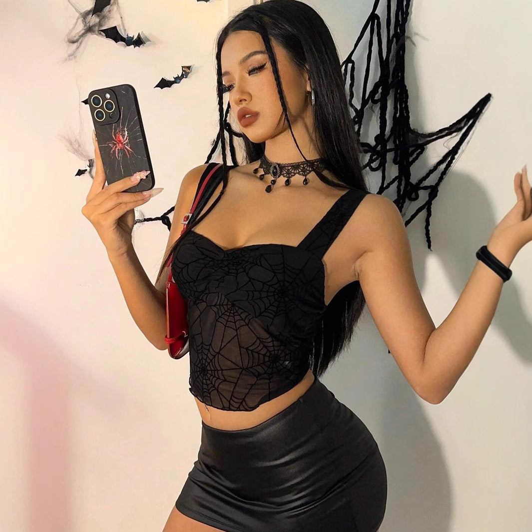 Damen nan transparentes Netz-Crop-Top mit Spinnennetz-Print, taillierter Silhouette und breiten Trägern Echo Archiv