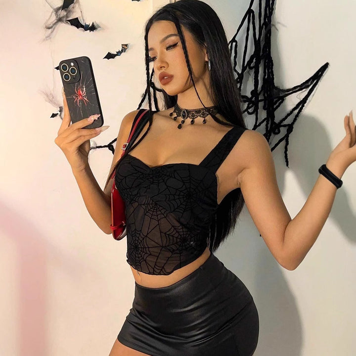 Damen nan transparentes Netz-Crop-Top mit Spinnennetz-Print, taillierter Silhouette und breiten Trägern Echo Archiv