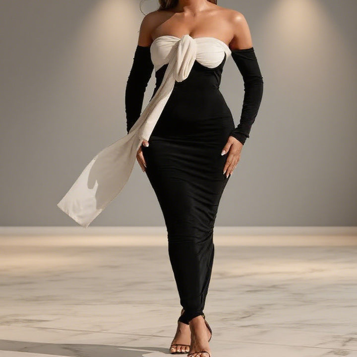 Damen Elegantes Off-Shoulder Maxikleid mit dekorativem Knoten und langen Ärmeln Echo Archiv