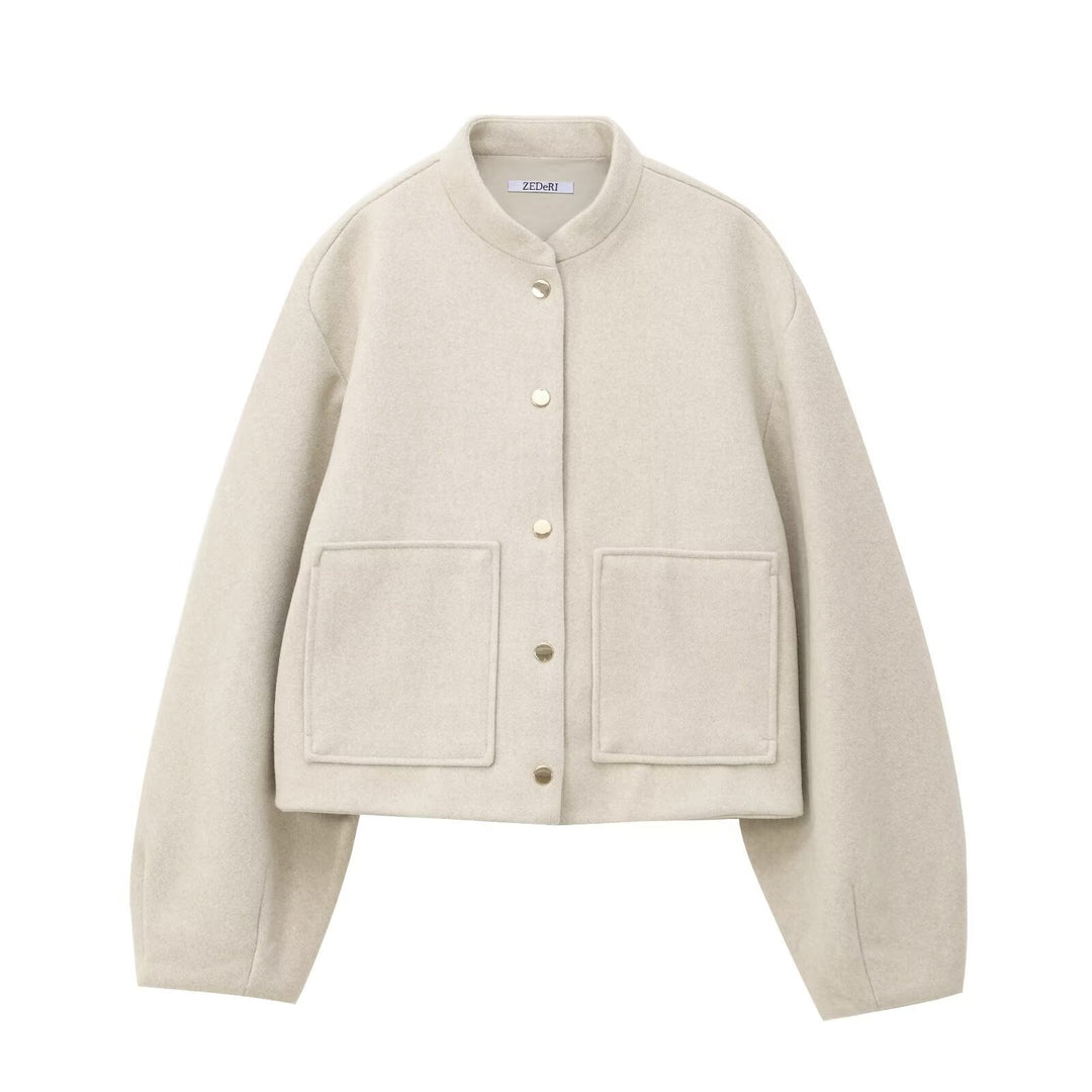 Damen Cropped Wollmix‑Jacke im Boxy‑Schnitt mit Stehkragen und aufgesetzten Taschen Echoarchiv