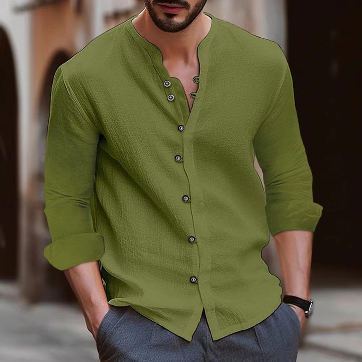 Herren modisches Langarm-Hemd mit innovativem Henley-Kragen und strukturiertem Design Echoarchiv