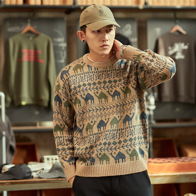 Herren Strickpullover mit Kamel-Jacquardmuster und geripptem Saum Echoarchiv