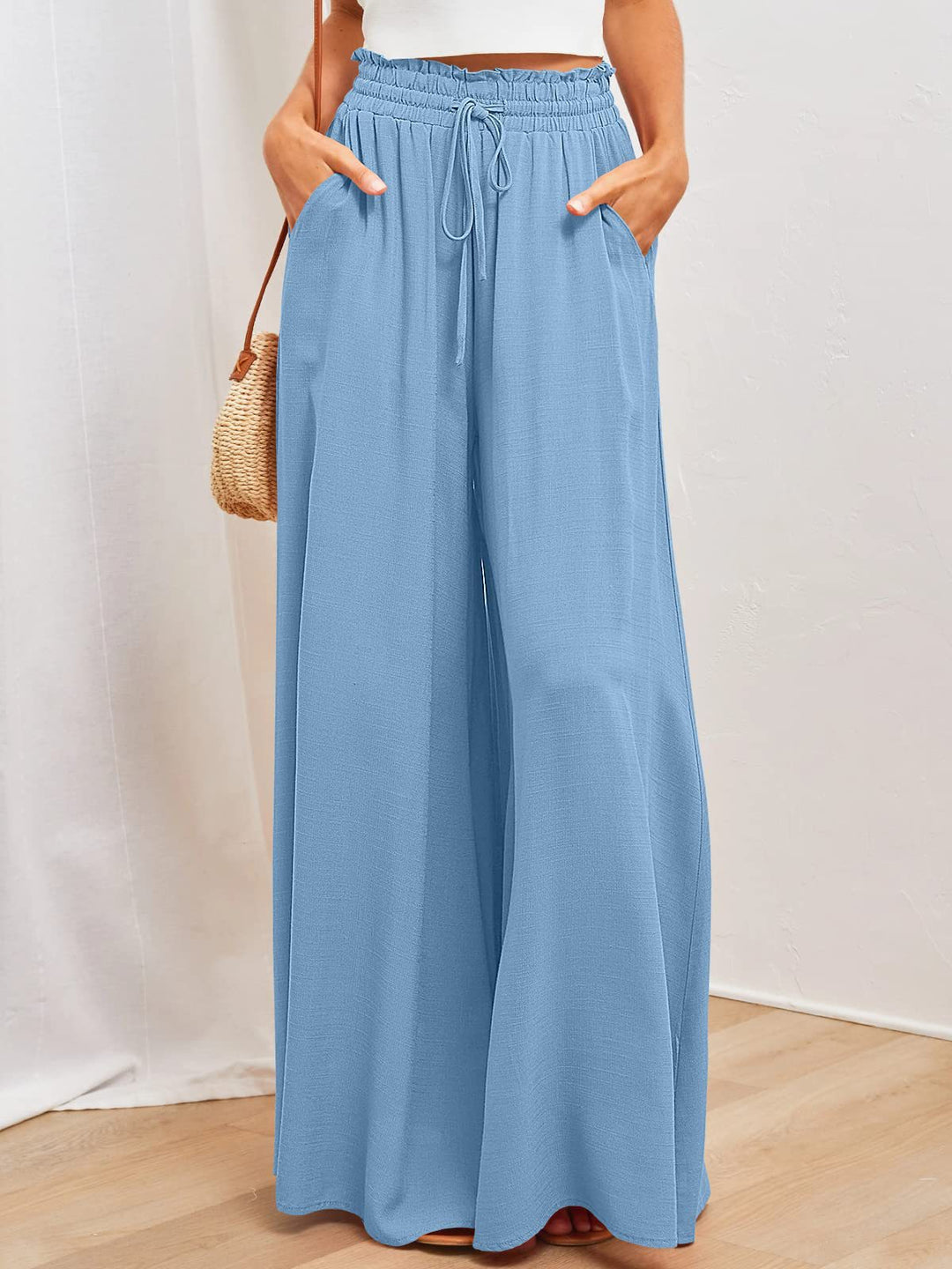 Frauen Hohe Taille Rüschen Elastischer Bund Weite Bein Strand Palazzo Hose mit Zugband und Seitentaschen – Avélisse