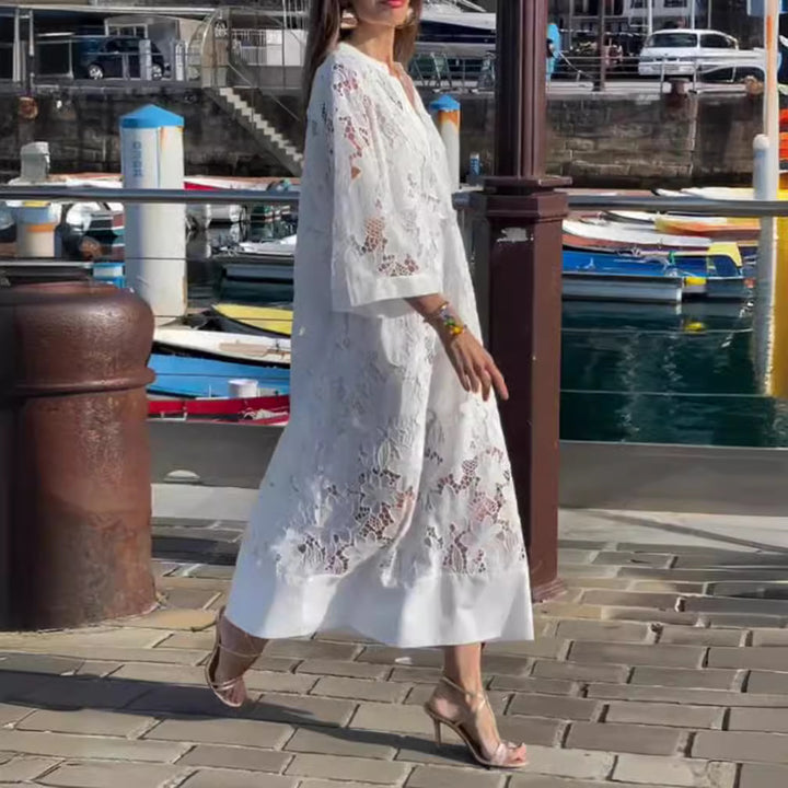 Damen nan luftiges Spitzen-Maxikleid mit floraler Ajourstickerei, lockerem Kimonoärmelschnitt und leichtem Unterkleid Echo Archiv